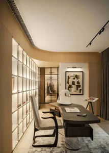 A modern office interior featuring an office desk space with a minimalist design.