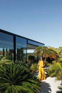 A modern house with a glass facade surrounded by lush greenery and palm trees.