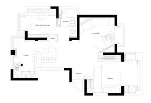 A modern and clean living room and kitchen layout with neutral tones, featuring a large living room area, a kitchen with a di