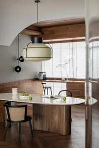 Modern interior design space featuring marble elements.