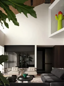 Modern living room featuring marble, concrete, and black and white accents, with high ceilings and large windows.