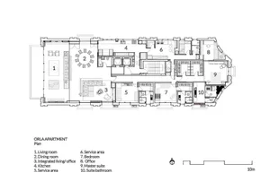 Floor plan of an apartment with various rooms and a scale of 10 meters.