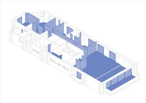 Technical architectural drawing of a multi-room building layout