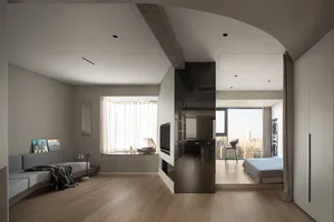 Modern minimalist apartment interior design featuring contemporary furniture, minimalist color palette, and sleek, open space