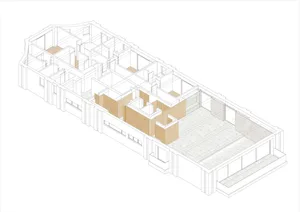 Residential home with concrete, glass, and wood materials shown in architectural floor plan.