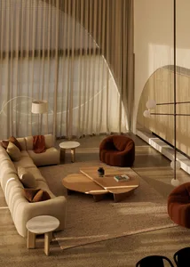 Modern living room featuring comfortable seating, a coffee table, and a floor lamp, with a neutral color palette and a large 