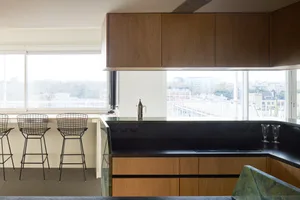 Modern minimalist kitchen with wooden cabinets and granite countertops.