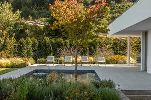 Modern villa garden patio with concrete floor and seating area surrounded by greenery and a small pond.