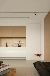 A modern minimalist kitchen with white cabinets, wooden accents, and a sleek design.