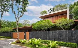 Modern house exterior with wooden accents, concrete walls, and green foliage