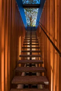 A modern wooden staircase leading upwards with natural light streaming in from above.