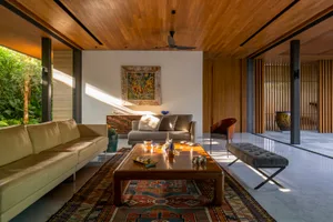 Modern living room with wooden furniture and a patterned rug