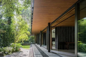 Modern home entrance featuring glass doors and a wooden ceiling