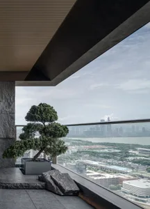A modern glass terrace overlooking a cityscape with a bonsai tree and rocks.