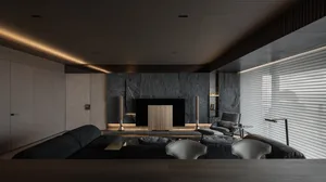 A modern living room with dark stone walls and a sleek black fireplace.
