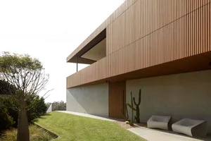 A modern residential building with a wall made of wood.