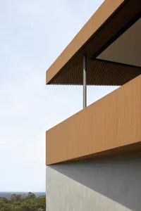 A modern house exterior featuring wood planks