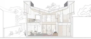 A detailed architectural drawing of a modern home showing the interior design and use of wood materials.