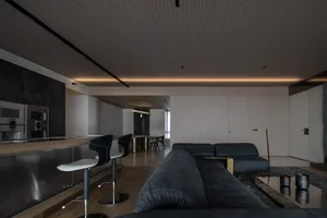 Modern black sofa in a contemporary living room with wood flooring and minimalist design elements.