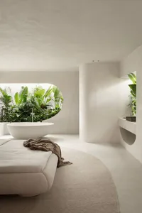 Modern minimalist bathroom with concrete walls, white fixtures, and green plants