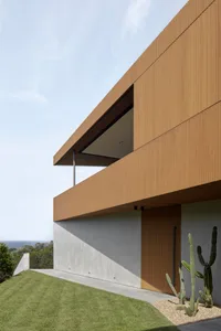 Modern residential exterior featuring wood siding and concrete walls
