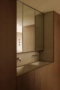 Modern minimalist bathroom featuring wood and mirrored finishes