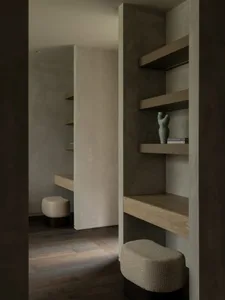 Minimalist living room featuring wooden shelves and contemporary seating.
