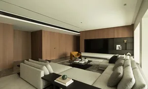 A modern minimalist living room featuring wood and concrete