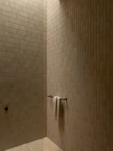 Modern bathroom interior with terrazzo tile walls, towel bar, and minimalist design.