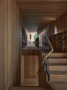 A modern minimalist library staircase with wooden shelves and a glass railing, featuring a warm, natural wood finish.