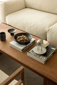 A modern living room featuring a wooden coffee table, ceramic objects, and comfortable cushions.