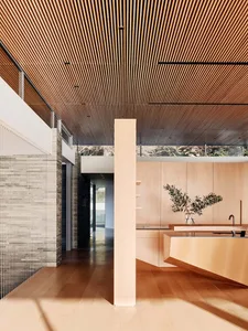 Modern minimalist kitchen with wooden cabinets and open floor plan
