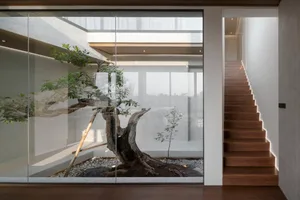 A minimalistic courtyard space featuring glass, wood, and stone elements.