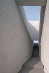 Modern architecture featuring a concrete staircase with a narrow gap between walls leading upwards.