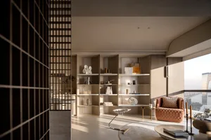Modern indoor space featuring neutral tones, glass, and metal decor.