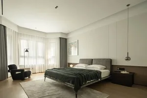 A modern, minimalist bedroom featuring wood, fabric, metal, and glass materials in a clean, open layout.