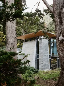 Modern residential house with stone cladding and glass window, surrounded by trees.