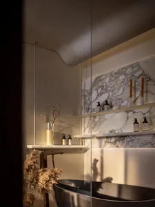 Modern bathroom interior with marble finishes
