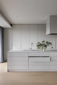 Modern minimalist kitchen with grey cabinets and white countertops.