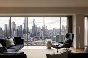 Modern minimalist living room featuring glass windows with a city skyline view.