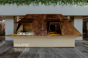 A modern coffee shop with a wooden roof and a glass wall.