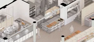 Steel and stone commercial interior with kitchen, bakery, and retail areas.