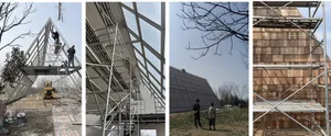 Workers using scaffolding to construct a building
