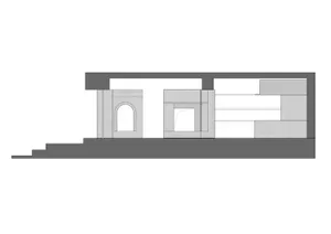 A detailed architectural cross-section of a modern interior with concrete features.