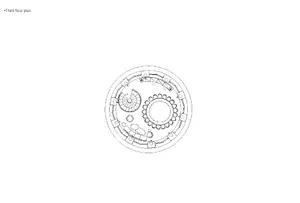 Circular architectural floor plan depicting a space with various rooms and features.