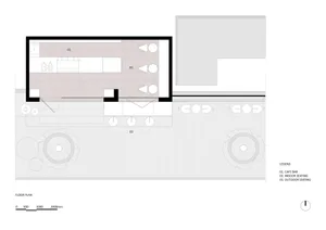 Cafe bar with concrete flooring, indoor seating, and outdoor seating plan.
