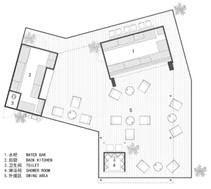 A modern minimalist floor plan of a coffee shop with seating areas, a bar, and functional zones.
