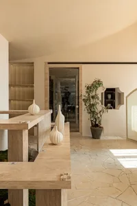 Modern, minimalist entryway with concrete flooring and walls.