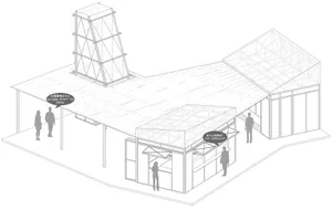An isometric drawing of a modern shopping center with a metal roof frame.