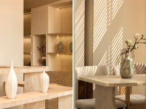 Architectural photo of a modern spa interior featuring concrete finishes and natural lighting.